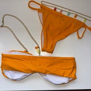 NEW orange two piece halter cheeky bikini set with shells body chain
